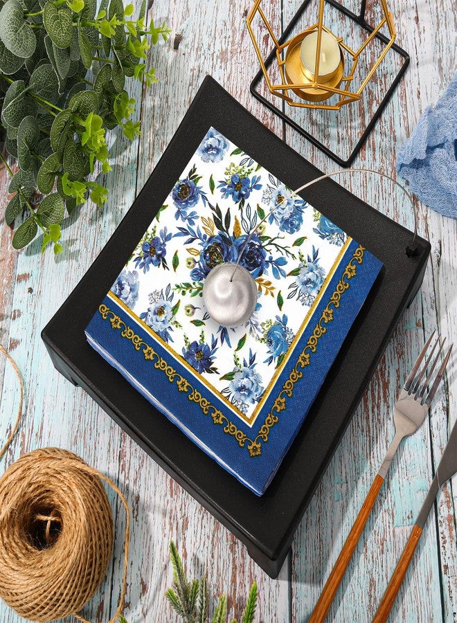 AnyDesign 80 Pack Navy Blue Floral Paper Napkins Blue White Flower Disposable Luncheon Napkins Gold Frame Dessert Dinner Hand Napkin for Home Kitchen Wedding Birthday Baby Shower, 6.5 x 6.5 Inch - Image 3